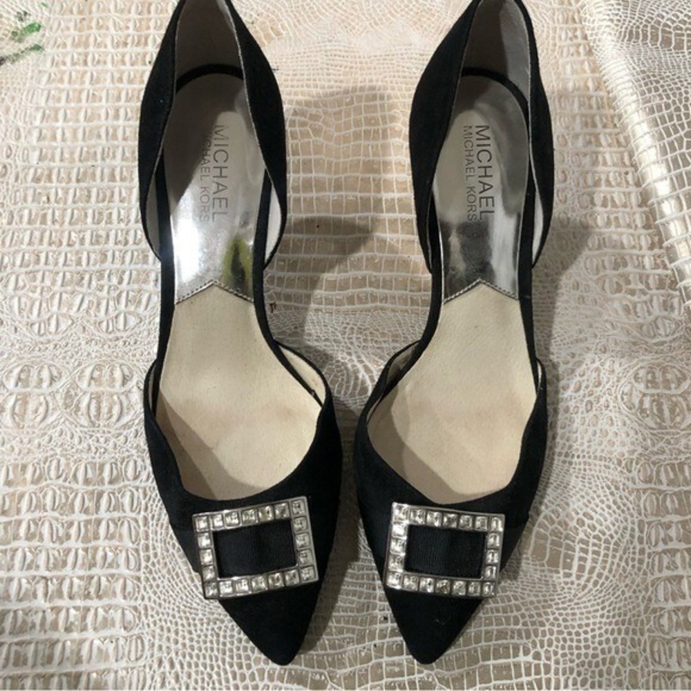 Michael Kors Shirley Suede D'Orsay Crystal Buckle Pumps Black Old Money 8